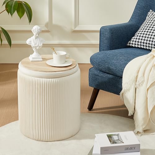Chilihom Round Ottoman with Storage Set of 2 Upholstered Velvet Vanity Stool for Makeup Lines Support 300lbs Ottomans Multifunctional Foot Rest Coffee Table Padded Seat for Living Room&Bedroom-Beige - Image 3