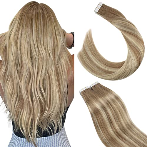 Ugeat Tape in Human Hair Extensions 16 inch Tape in Natural Invisible Hair Extensions Balayage Brown to Platinum Blonde with Brown Tape in Hair Extensions Human Hair 50Grams/20PCS