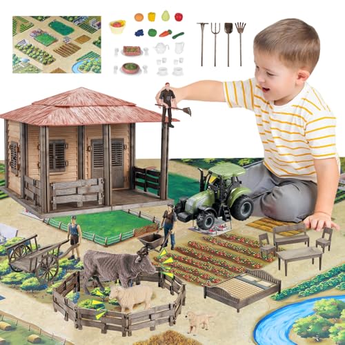 deAO Juguetes de Granja con Figuras de Animales, Country Granja con Cerca Ensamblable, Muebles, Animales de Granja con Sonido, Herramientas Agrícolas, Tractor, A Partir de 4 años