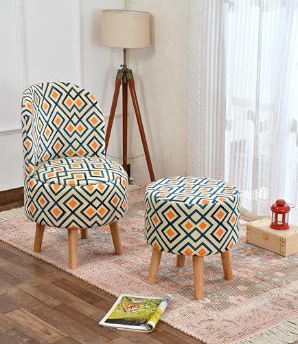 Image of NACIA Velvet Printed Ottoman Chair with Stool Combo | Dressing Table Chair for Bedroom Makeup Room Decor | Modern Upholstered Ottoman with Wooden Legs for Home (18x18x32 Inches, Yellow Box)