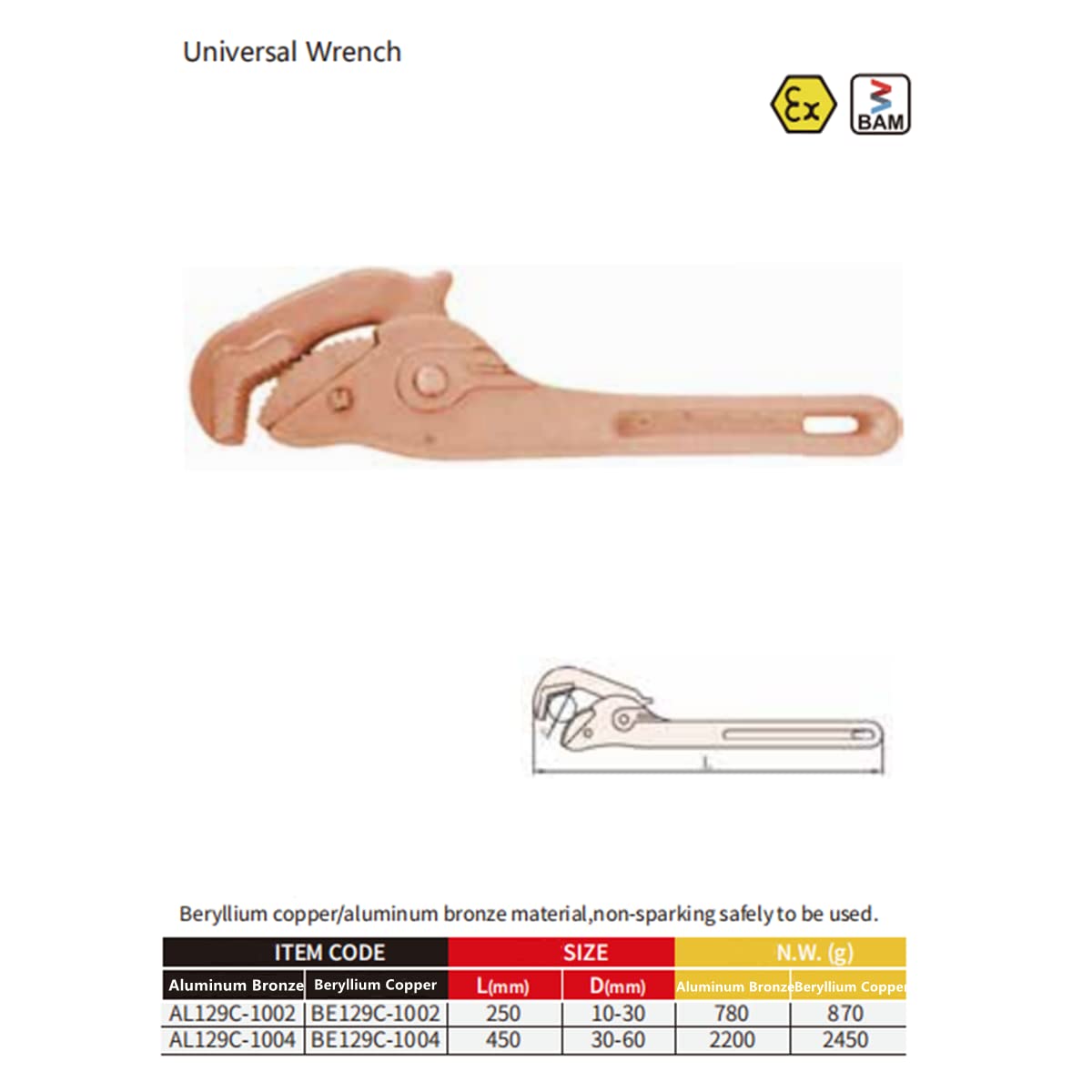 WEDO Non-Sparking Universal Wrench, Spark-free Safety Multifunctional Pipe Wrench,Beryllium Copper,Non-Magnetic,DIN Standard, BAM & FM Certificate,10'', 250mm