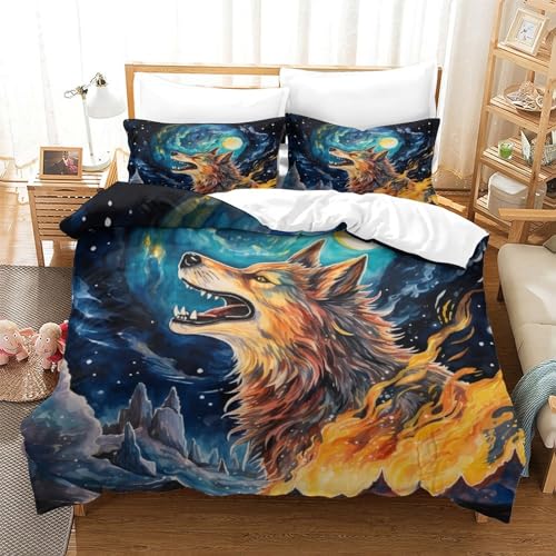 Housse de couette loup de flamme impression 3D haute définition parure de lit king en microfibre - 3