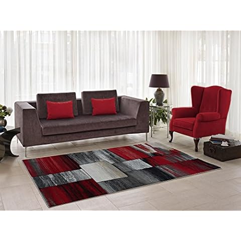 LA DOLE RUGS Copper Currant Red Grey Living Room Area Rug Contemporary Modern Geometric Design Hallway Dining Area Rug Runner (1'10" x 2'11" (57cm x 90cm)) Cover
