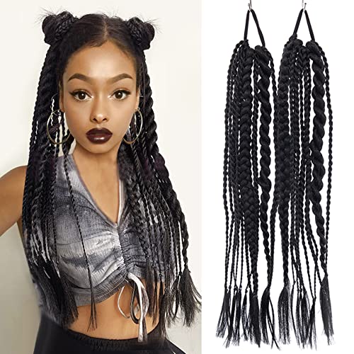 LEOSA Braided Ponytail with Rubber Band,Handmade Black Twisted Braided Ponytail Extension 2 Pieces Set Braid Heat Resistant Fiber Cornrow Pony Tail Hairpieces Spice Girls Cosplay 22inches