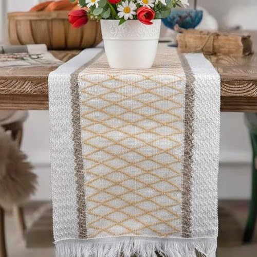 Image of HomeCloud Croshia Woven Table placemat - Heat Resistant, Washable Table Decoration for Dining, Office, Kitchen, Hotel, and Home (Runner Beige Boxes, Set of 2)