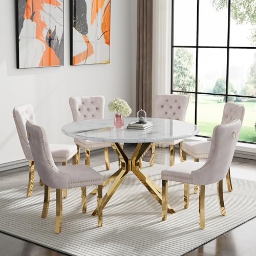 Image of 7-Piece Round Dining Table Set for 6, Luxury Faux Marble Kitchen Table Set for 6 with Beige Velvet Chairs, 45 inch Circle Dining Room Tables with White Marble Top and Gold Stainless Steel Cross Legs