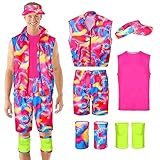 Cosrea Ken Costume for Men 80s 90s Workout Outfits Party Clothes Sportswear Tank top Vest Sun Visor Kneepad Halloween Cosplay, Pink