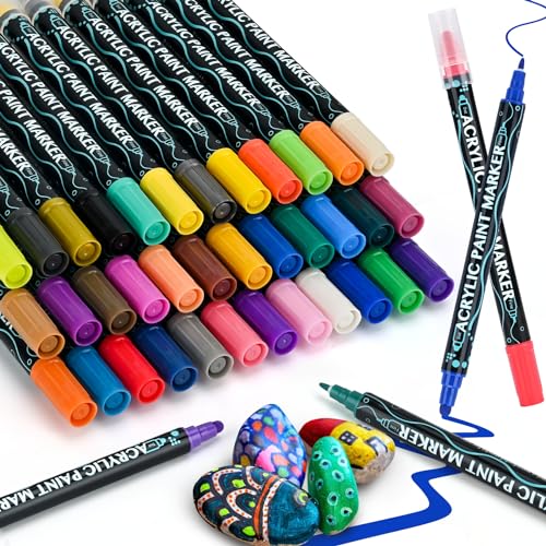 Hnyoou Acrylic Paint Pens (36 Pack) Painting Waterproof Kit Dual Tip Brush Acrylic Paint Markers for Rock Painting Water Based Ink Pens for Stone, Pebbles, Ceramic, Glass, Wood, DIY Craft Supplies