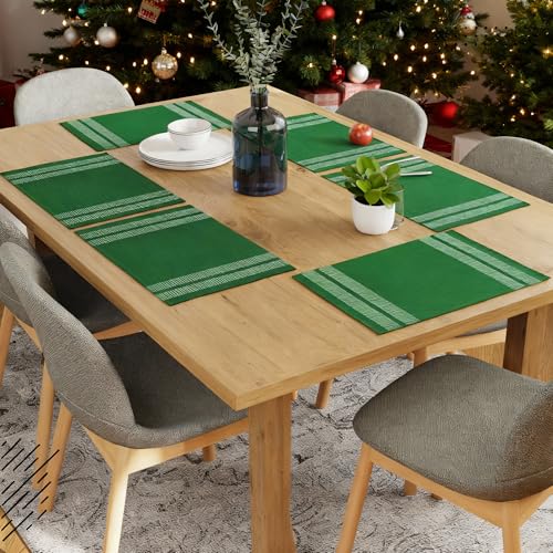 Image of Encasa XO Dining Table Mats Set of 6, Ribbed Cotton Table Mat 46x32 cm | Handmade Heat Resistance Table Placemats, Non Slip, Washable & Durable Place Mat for Centre Table, Living Room Ladder Dk Green