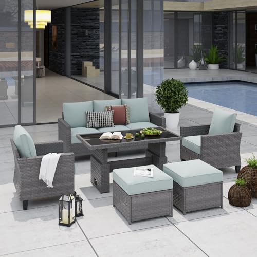 SUNSITT Outdoor Patio Furniture Set 6 Piece Wicker Conversation Set with Lift Coffee Table Sectional Dining Set 3 Seat Sofa Couch with Ottoman, Grey Wicker & Light Cyan Cushion