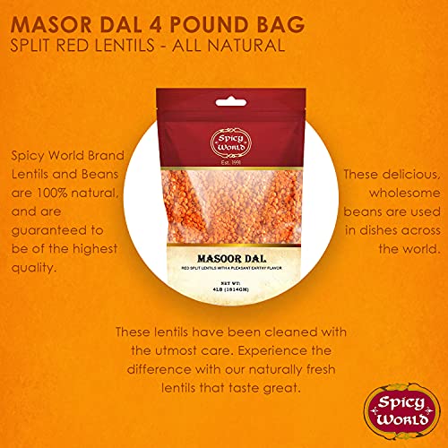 Spicy World Masoor Dal 4 Pound Bag - Split Red Lentils Dry - All Natural, Pure, Vegan - Resealable Bag #TOP2