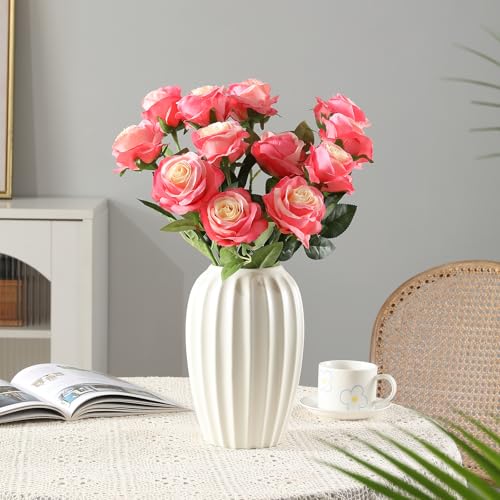 Image of Tifuly 12PCS Rose Artificial Flower, Single Stem Fake Floral Bridal Wedding Bouquet, Realistic Blossom Flora for Home Garden Party Hotel Office Decorations(Pink)