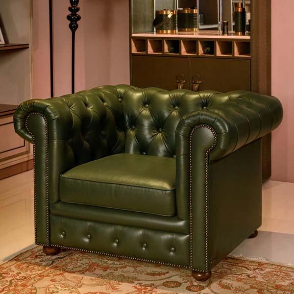 Image of UMAR ARTS Luxury Chesterfield Leatherate Sofa Set, Tufted Genuine Leatherate, Classic Living Room Furniture (1 Seater Olive Green)