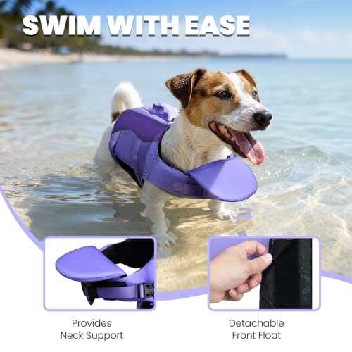 Image of VIVAGLORY Dog Life Vest Front Float Dog Swim Vest, XS, Purple | Life Jacket with Chin Float & Handle for Swimming & Boating, High Visibility Adjustable for Doggy Cat Puppy