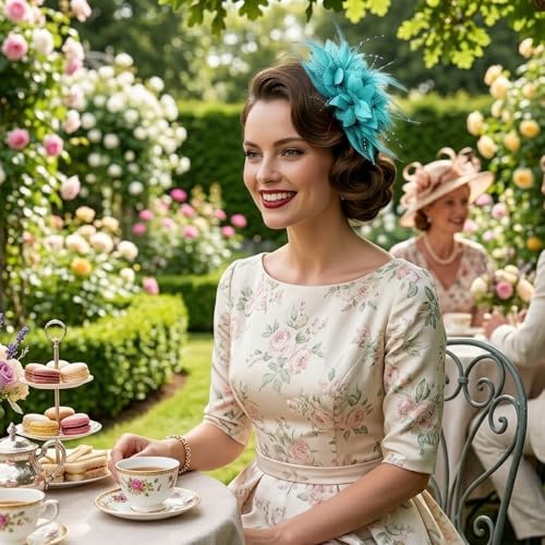 Image of DRESHOW Womens Fascinators Hats Tea Party Hats for Women Pearl Lace Feather Hat Vintage Derby Hats for Wedding Cocktail