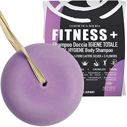 Shampooing douche solide FITNESS + hygiénique pour sportifs avec de l'huile d'Argan et extraits fi fleurs, hauteur, pomme, lavande, patchouli, hydrate les cheveux et tonifie la peau rechargée Cover