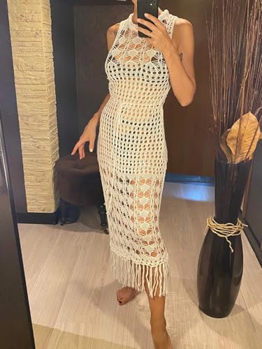 Vestido crochet playa mujer sin espalda de punto largo con flecos S 7