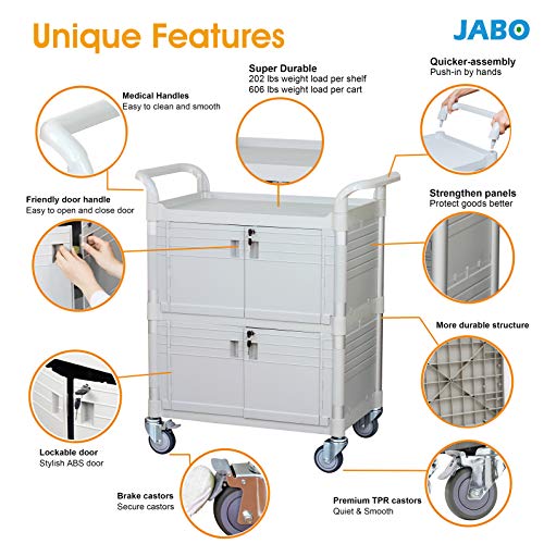 JaboEquip Large Lockable Medical Cart 3 Shelf Hospital Cart Overall Size L34.43xD19.69 inch, JBG-3D2, 606 lbs Load Cap. Off-White (Light Grey) Color