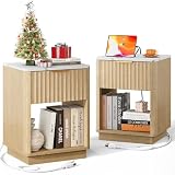 FavourLife Fluted Night Stand Set of 2 with Charging Station, Modern Bedside Table with Faux Marble Top, Bedroom Wood Nightstand with Drawer, 18 W x 15.7 D x 24 H, Living Room Side Table, Natural Oak