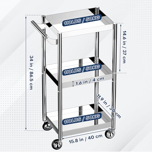 Noverlife 3 Layers Medical Cart, 304 Stainless Steel Utility Cart Lab Rolling Cart, 330lbs, 360° Silent Wheels, Highly-Polish Esthetician Cart Metal Service Cart on Wheels for Laboratory Clinic Salon - Thumbnail 6