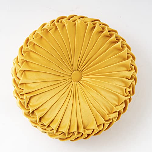 vctops Yellow Velvet Seat Cushions Round Floor Pillows Thicken Chair Cushions Pleated Chair Pads Seat Pad Throw Pillows for Bedroom Living Room (Yellow,Diameter 15")