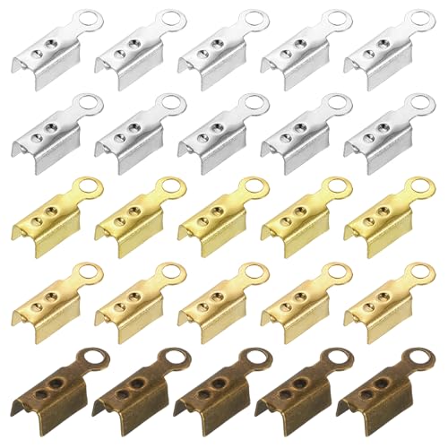 uxcell 600 Pcs Fold Over Cord Ends, 10.2x2.5mm Ribbon Crimp Ends Cap, Clasp Tips for Leather Craft Making DIY (5 Colors)