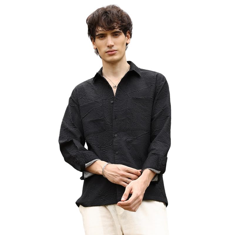 Image of CAHOOT Men's Multitrack Striped Oversized Shirt for Casual Wear | Spread Collar | Long Sleeve | Button Closure | Oversized Shirt Crafted with Comfort Fit for Everyday Wear