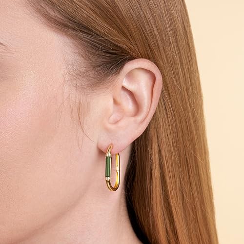 .925 Sterling Silver 14K Yellow Gold Plated Hoop Earrings for Women with Cubic Zirconia - Hypoallergenic and Lightweight Genuine Jade Gemstones Gold Hoops Jewelry for Her2