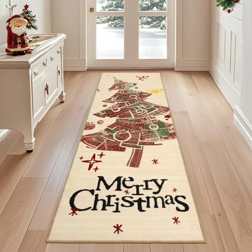 Geanup Weihnachtsteppich Läufer für Flur 60 x 180 cm, Beige Waschbar Weihnachtsbaum Küche Teppichläufer, Weicher Kurzflor Flurteppiche für Schlafzimmer Badezimmer Wohnzimmer Winterdekoration