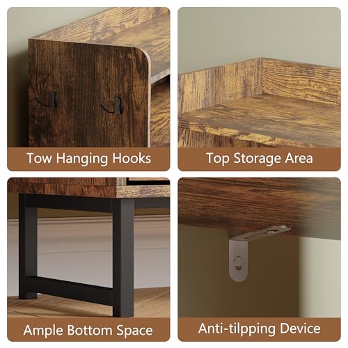 Image of Shoe Cabinet with 3 Flip Drawers, Freestanding Hidden Shoe Storage Organizer for Entryway, Narrow Slim Shoe Rack Cabinet with Open Storage & Hooks for Front Door Entrance, Living Room, Hallway, Brown