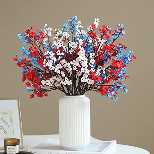 Hananona 10 Pcs 4th of July Flowers Artificial Babys Breath Fake Silk Patriotic Flowers for Independence Day Home Decor Floral Arrangement Table Centerpieces (10, Mix)