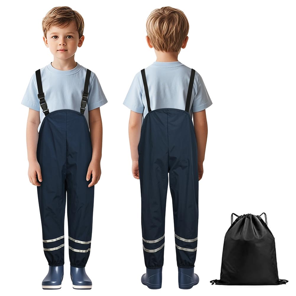 BSBUY Leichte Regenhose Kinder Unisex Matschhose Regenlatzhose mit Reflektorstreifen Einfaches Ausziehen Regenbundhose Mädchen Wasserdicht Winddicht Atmungsaktiv Jungen Matschanzug (Marineblau,98~128)