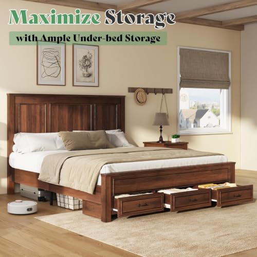 Image of AMERLIFE 52.2 inch King Size Farmhouse Bed Frame with Headboard, Rustic Brown | Tall Panel Headboard & Footboard, Wood Platform Bed with 3 Large Storage Drawers, No Box Spring Required, Noise-Free Design