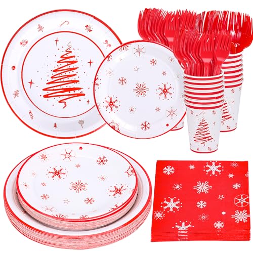 Christmas Party Supplies Decorations, Christmas Disposable Plates and Napkins with Paper Plates, Napkins, Cups and Forks - Serves 25