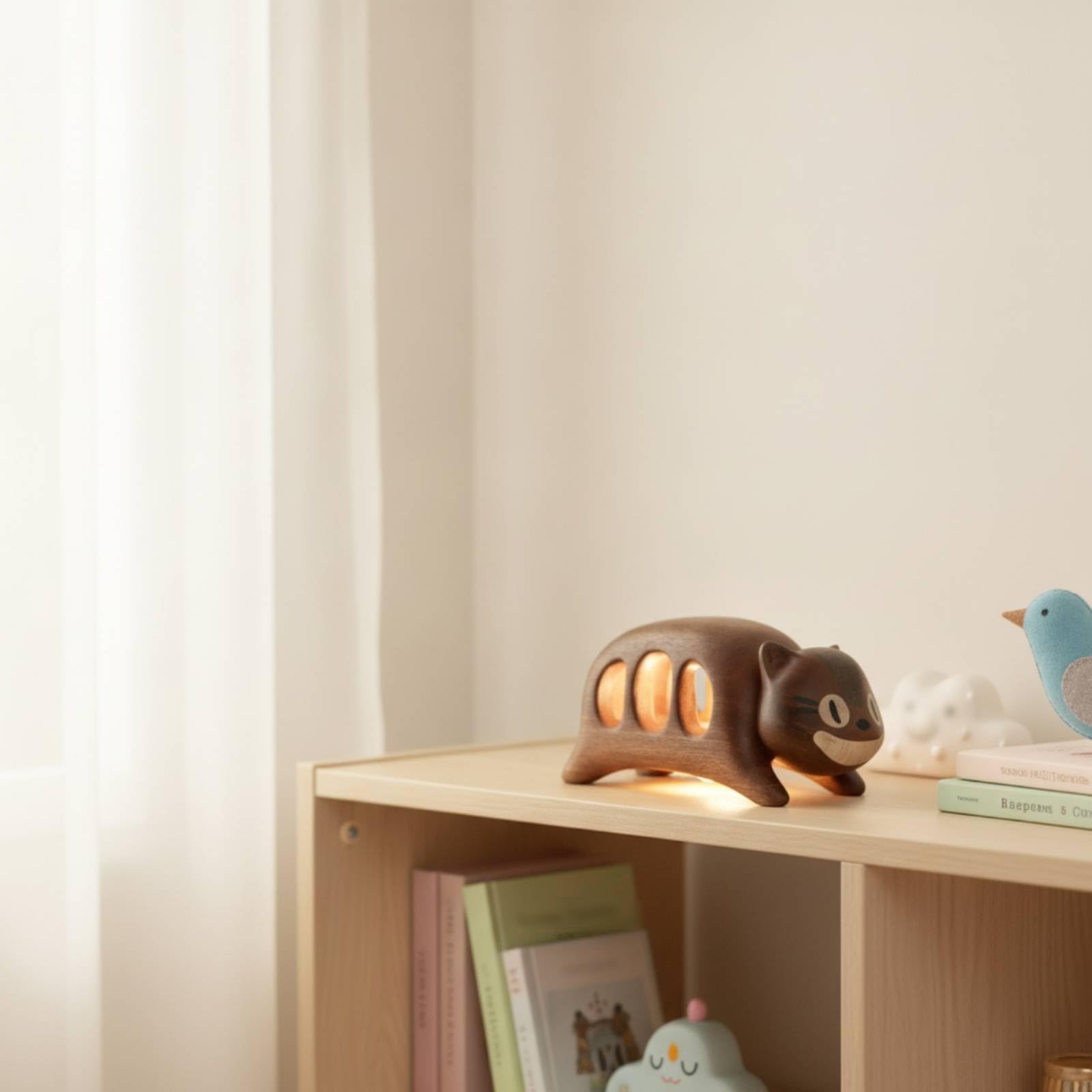Nachtlicht Katze Holzlampe Skulptur Figur Deko Designobjekt aus mit Glatter Oberfläche Und Rundem Stand für Schlafzimmer Kinderzimmer Nachttisch Zuhause Leseecke 16x7.5x7.6cm