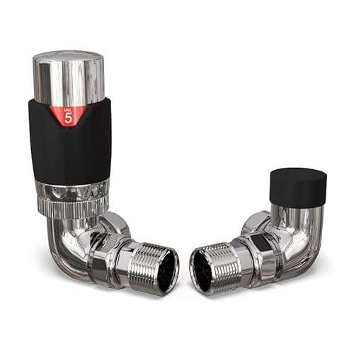 UK Radiators Black Thermostatic Radiator Valve and Corner Lockshield Valve - Matt Black Finish - Classy and Modern Design 1/2" x 15mm Corner Radiator Valve