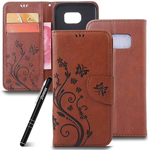 Case for Samsung Galaxy S6,Slynmax Ultra Thin Lightweight Bookstyle Embossed Butterfly Floral Flower Case Flip Folding Folio PU Leather Wallet Phone Cover Case Inner Soft Silicone with Foldable Brown