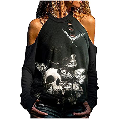 T-shirt à manches longues pour femme - Imprimé tête de mort - Style gothique - T-shirt à manches longues pour femme - Automne - Mode - Pull à épaules froides - Col rond, u, XXL Cover