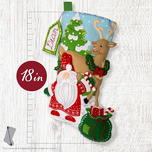 Image of Bucilla Felt Applique 18 inch Stocking Making Kit, Gnome's Snowy Surprise, Perfect for DIY Arts and Crafts, 89713E
