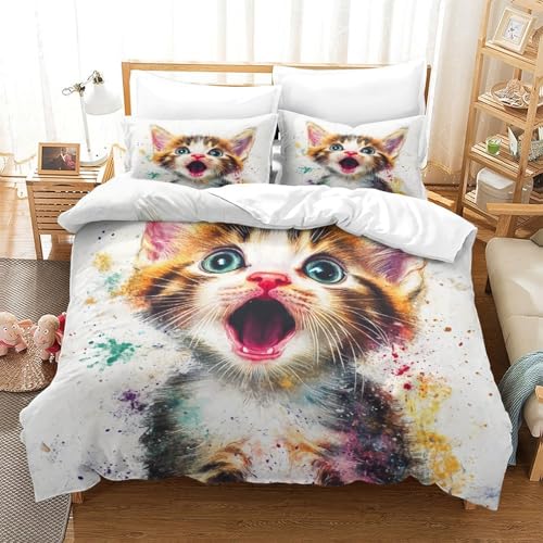 Housse de couette chaton 3D anti-décoloration avec éclair caché - 3