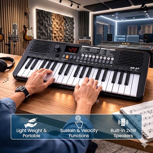 Image of Audio Array AK-37 Black MIDI Keyboard 37 Velocity Sensitive Keys, Built-in Speakers, 200 Presets, Sustain & Touch, Tempo, Octave /Transpose /Tune, Master Volume Knob, LED Display BT AA & Type-C Power