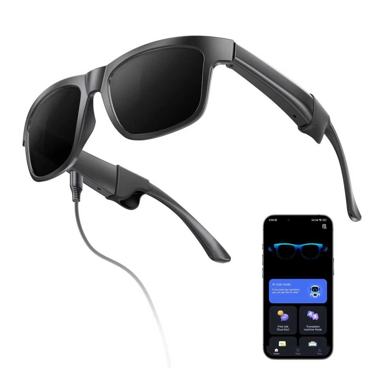 ai smart glasses with chat gpt for men women,multifunctional bluetooth glasses with translation, calls, voice assistant, open-ear stereo speakers, blue light filter & uv protection and usb charing