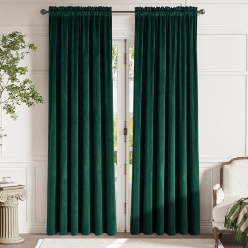 jinchan Emerald Green Velvet Blackout Curtains 84 Inch Long Living Room Curtains for Bedroom Thermal Insulated Room Darkening Drapes Soft Luxury Sun Blocking Single Panel Curtain Rod Pocket, 1 Panel