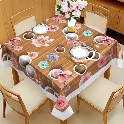 Image of Dakshya Industries PVC Waterproof Square Table Cover 48x48 Inch for 4 Seater Dining Table | Floral Printed Oilproof Stain Resistant Washable Plastic Table Cover, Orange