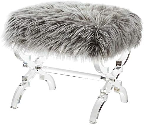 Posh Living Brayden Modern Faux Fur Fabric Ottoman with Acrylic X-Legs in Gray