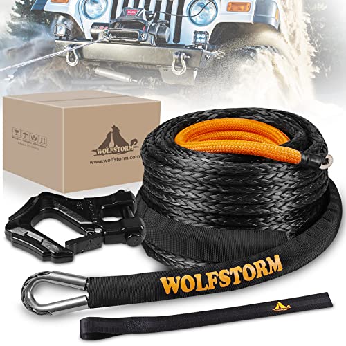 Wolfstorm Synthetic Winch Rope Cable Kit: 1/2''X100Ft Winch Line Cable W/Protective Sleeve+Heavy Duty Forged Winch Hook+Safety Ribbon|33000 Lbs Max Break Strength For 4Wd Off-Road Vehicles Suv #TOP1