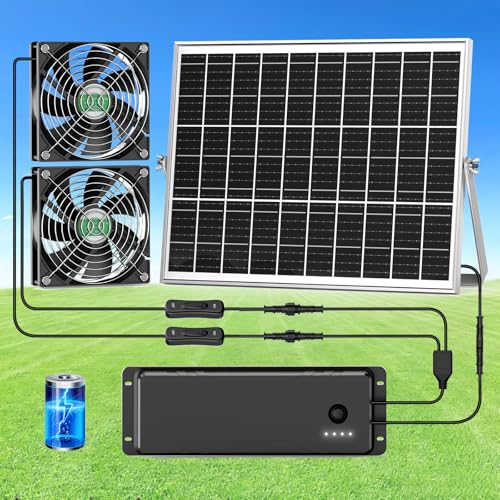 ZIZIWIN Solar Fan with Battery, Solar Fan for Greenhouse & Chicken Coop, Rechargeable Solar Fans for Outside, Solar Powered Exhuast Fans for Outdoor Doghouse Shed Circulation Vent Ventilation Cooling