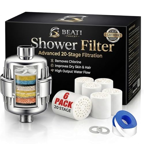 Beati Faucet&reg; Chrome Shower Filter with KDF-55, Alkaline Carbon, Vitamin C & E | 6 Cartridges...