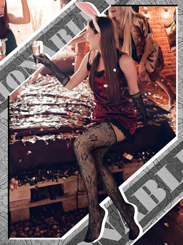 Image of Geyoga 2 Pcs Lace Fishnet Stockings Tights Floral Gloves Black Suspender Pantyhose Long Gloves for Women Halloween Cosplay
