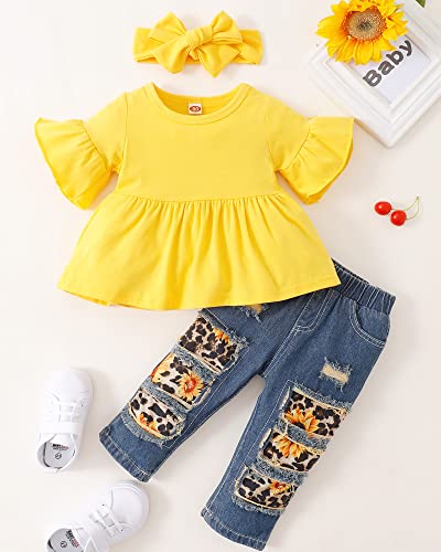 NZRVAWS 3T Girl Clothes Toddler Girl Outfit 4T Infant Clothing Spring Summer Ripped Jeans Ruffle T-Shirt - Thumbnail 3